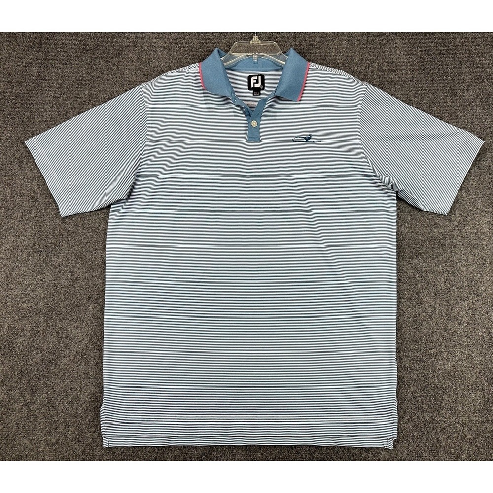 Footjoy Golf Polo Shirt Men's Sz Large Blue Pink Peacock Striped Logo Short SLV
